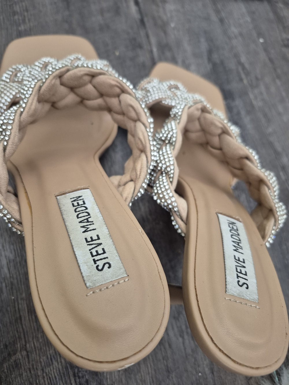 Steve Madden Beige Braided Crystal Strap Slide Heels - Picture 11 of 12